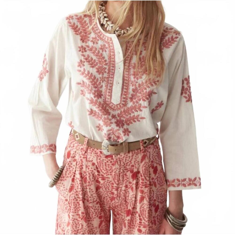 Embroidered White Blouse with Pink Coral Detailing